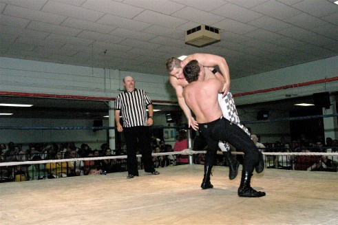 You can tell on Blades face that he was in trouble after a powerful belly to belly suplex. (Photo credit: Mike Van Hoogstraat)